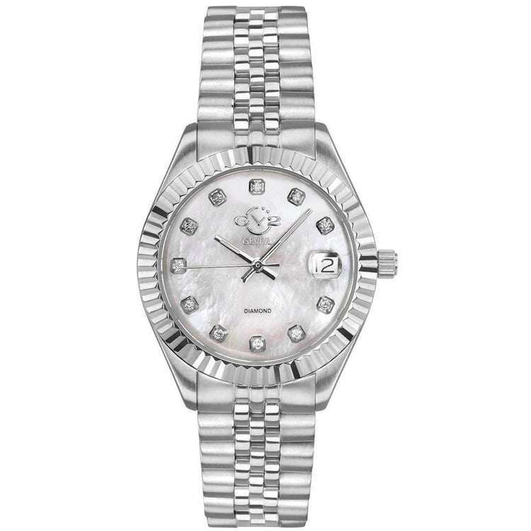 A GV2 women's watch with a silver and gold-tone band and a round dial featuring diamond accents, fluted bezel, and a silver metal buckle.