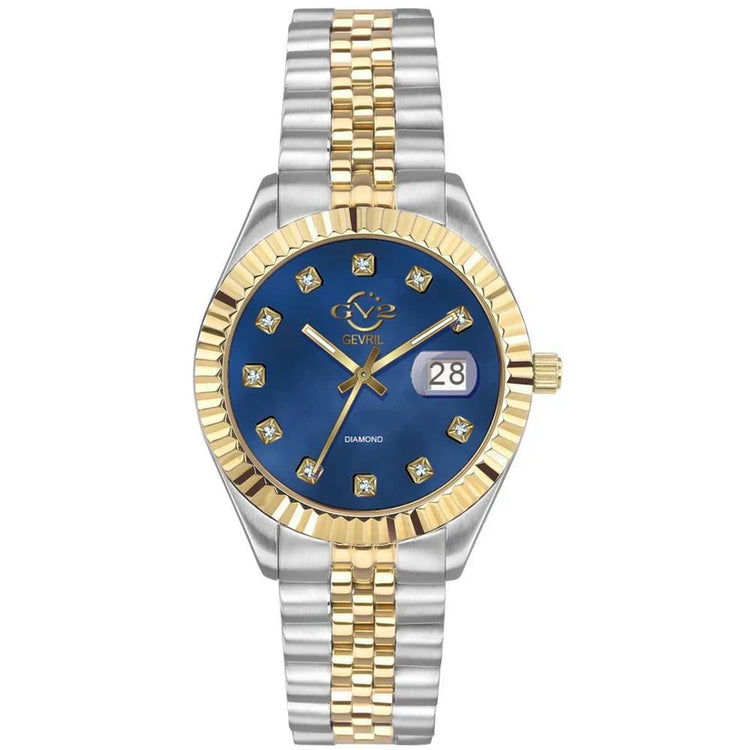 A GV2 women's watch with a silver and gold-tone band and a round dial featuring diamond accents, fluted bezel, and a silver metal buckle.
