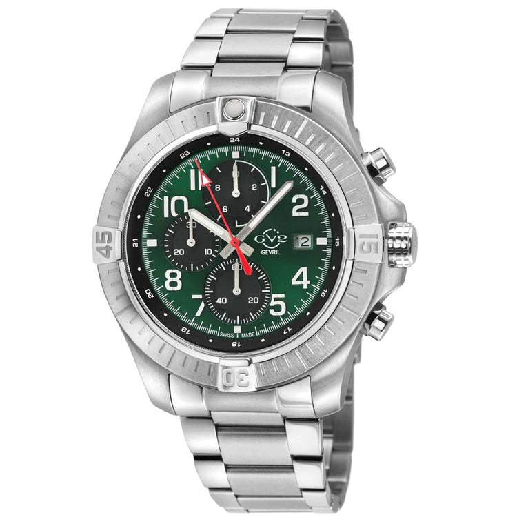 A GV2 Men's T38 Swiss Quartz Chronograph Watch with a round stainless steel case, enamel dial, and multiple sub-dials. It features a silver tone and a curved anti-reflective sapphire crystal.