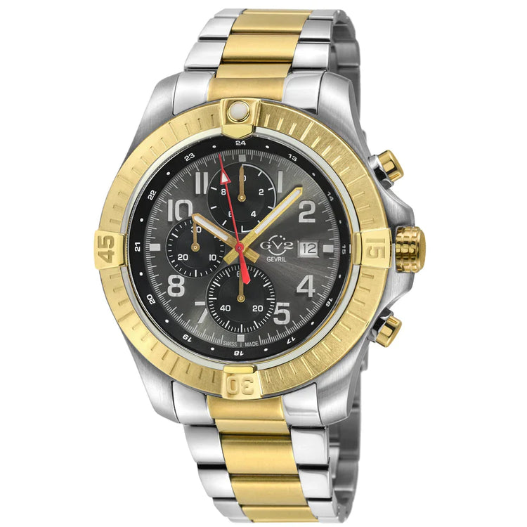 A GV2 Men's T38 Swiss Quartz Chronograph Watch with a round stainless steel case, enamel dial, and multiple sub-dials. It features a silver tone and a curved anti-reflective sapphire crystal.