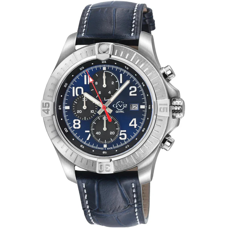 A GV2 Men's T38 Swiss Quartz Chronograph Watch with a round stainless steel case, enamel dial, and multiple sub-dials. It features a silver tone and a curved anti-reflective sapphire crystal.