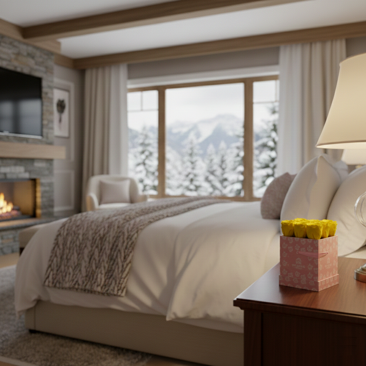 Luxurious bedroom with a view of mountains, featuring a bed, fireplace, and large windows.