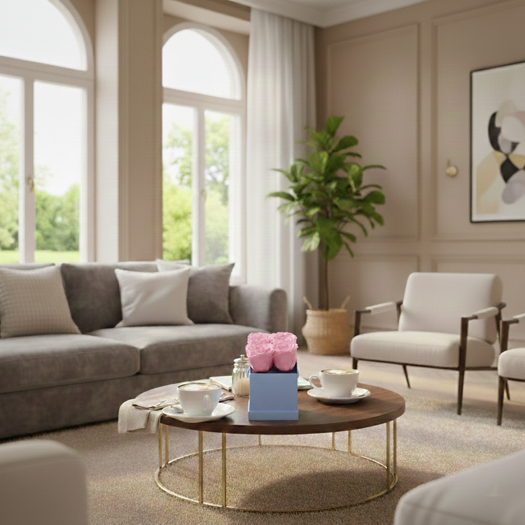 Modern living room with a sectional sofa, coffee table, and armchair.