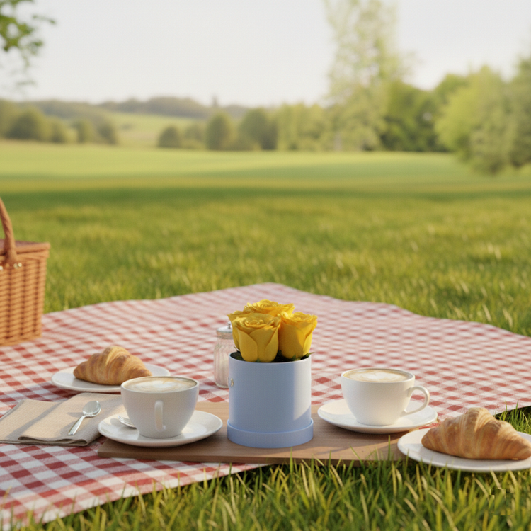 Picnic setup with coffee, croissants, and flowers on a checkered blanket in a field.