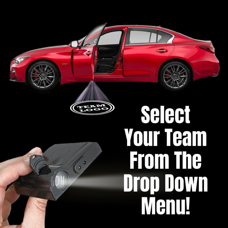An LED car door light projector with a team logo, held in front of a red car with an open door, illustrating the product's use.