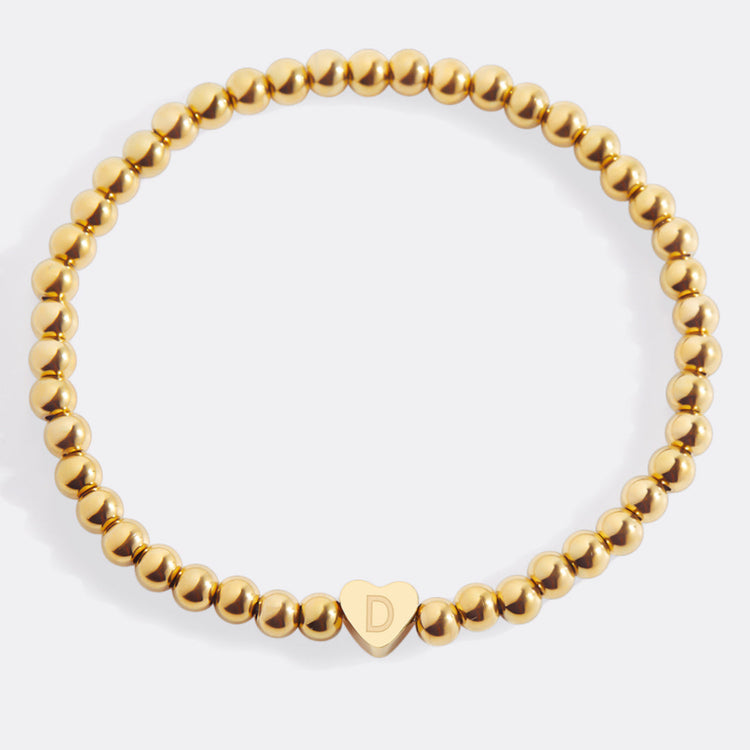 Gold Beaded Bracelet with Heart Initial (GOLD, 6.5")