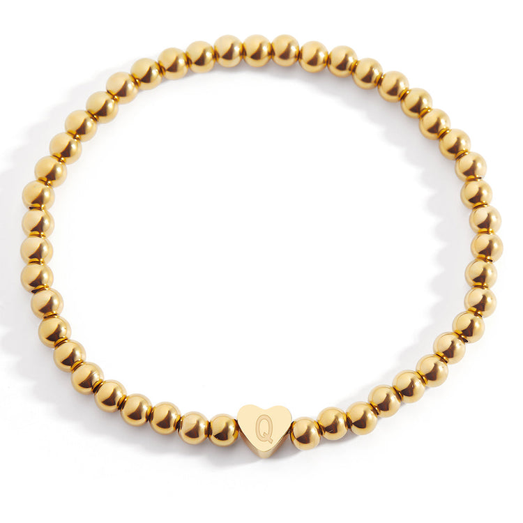 Gold Beaded Bracelet with Heart Initial (GOLD, 6.5")