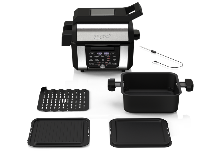 Multifunctional kitchen appliance with various accessories on a white background