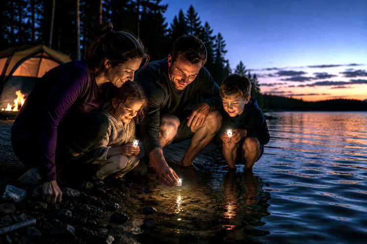 Family by a lake at night with candles, near a tent.