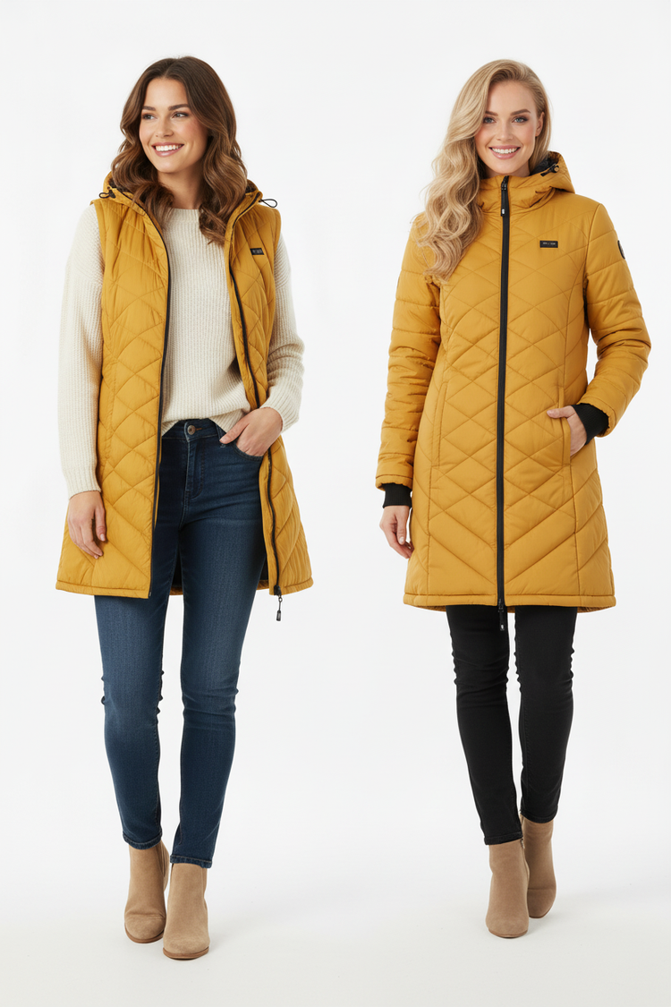 Two women wearing mustard yellow jackets on a white background