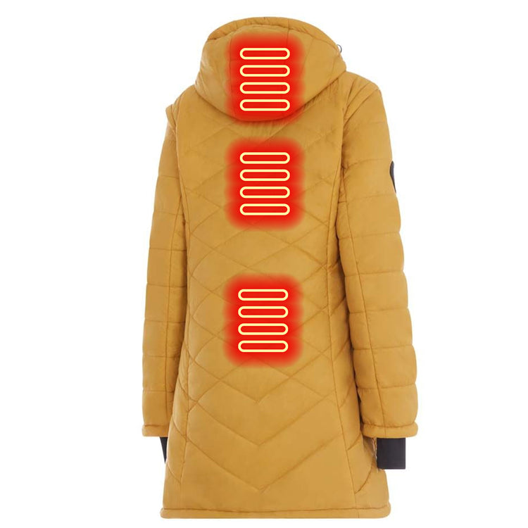 Yellow heated jacket with visible heating elements on a white background