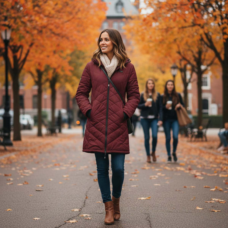 Woman in a maroon coat walking on a tree-lined street with autumn foliage.