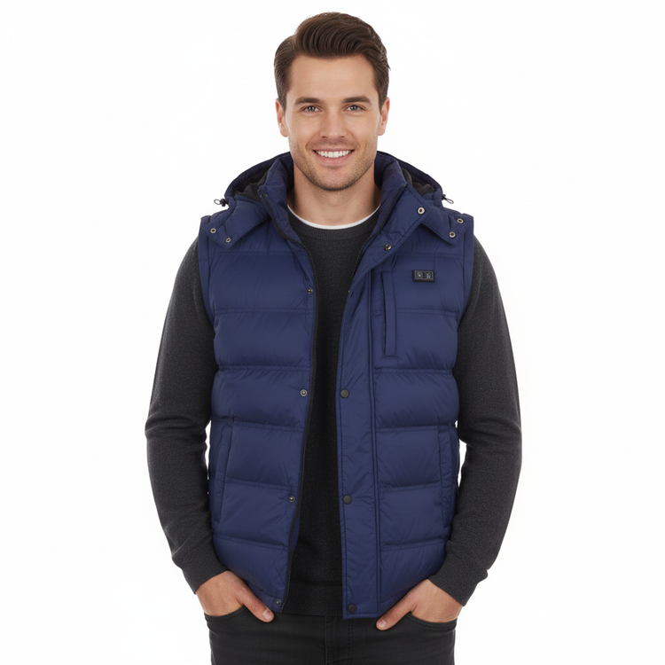 Man wearing a blue puffer vest on a white background