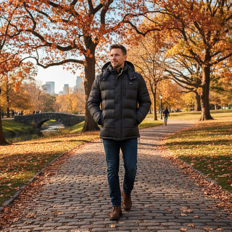 Man walking on a path in a park with autumn foliage