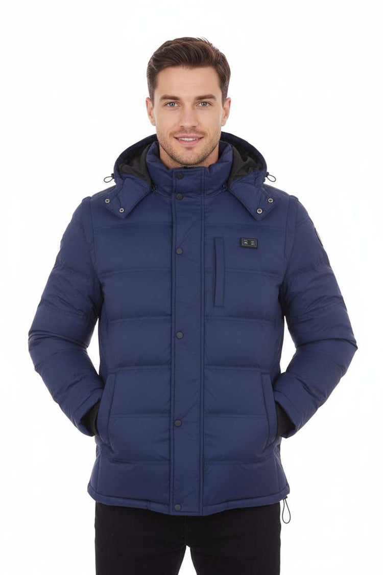 Man wearing a blue winter jacket on a white background