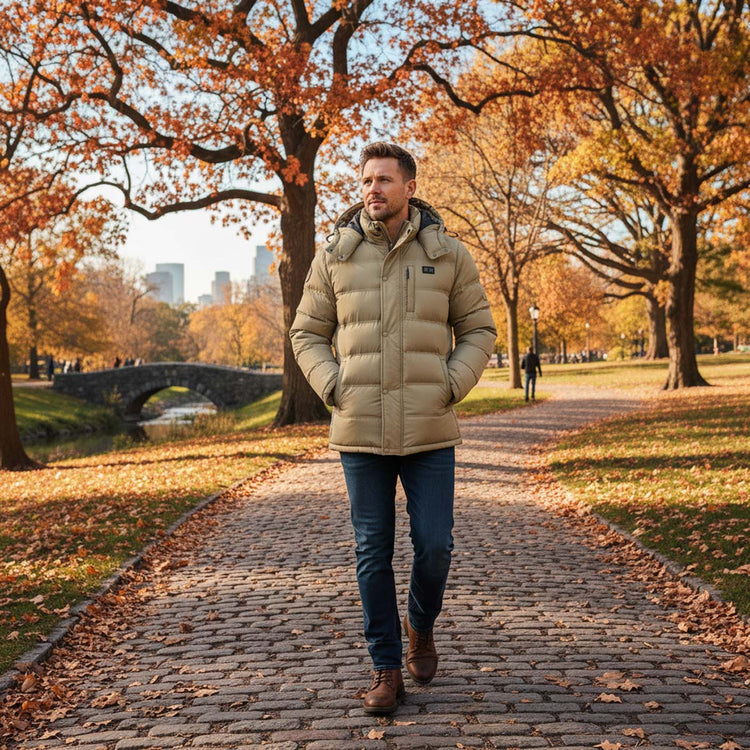 Man walking on a path in a park with autumn foliage