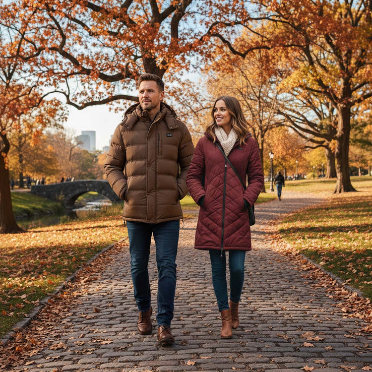 Two people walking on a path in a park with autumn foliage