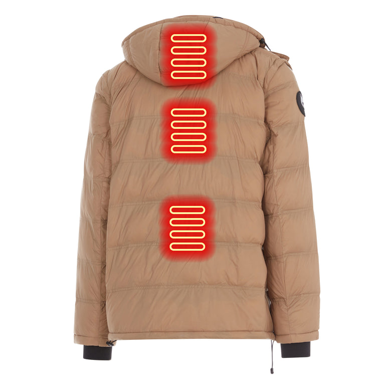 Beige heated jacket with visible heating elements on a white background
