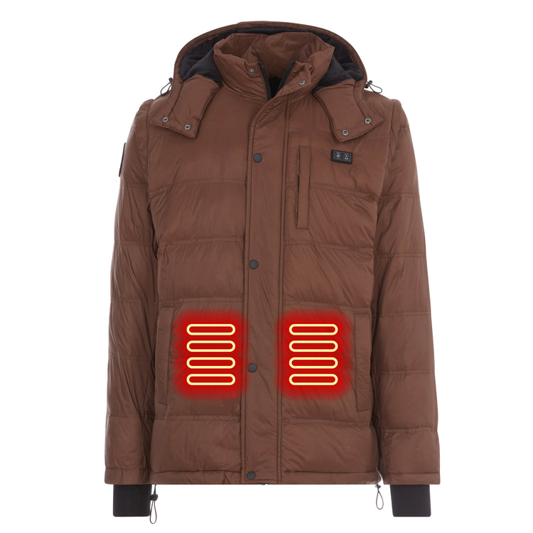Brown winter jacket with heated patches on a white background