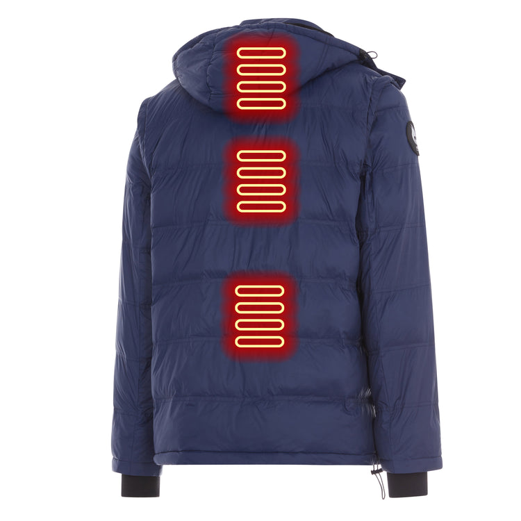 Blue puffer jacket with heated back panels on a white background