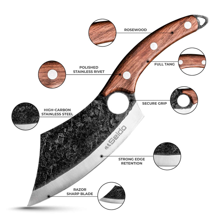 Knife with labeled features on a white background