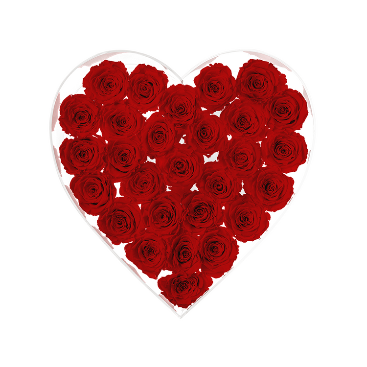 Heart-shaped arrangement of red roses in a clear heart-shaped container on a white background