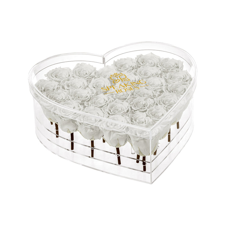 Heart-shaped box with white roses and 'Forever Roses' branding on a white background