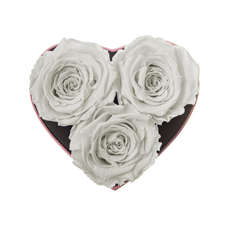 Heart-shaped box with three white roses on a white background
