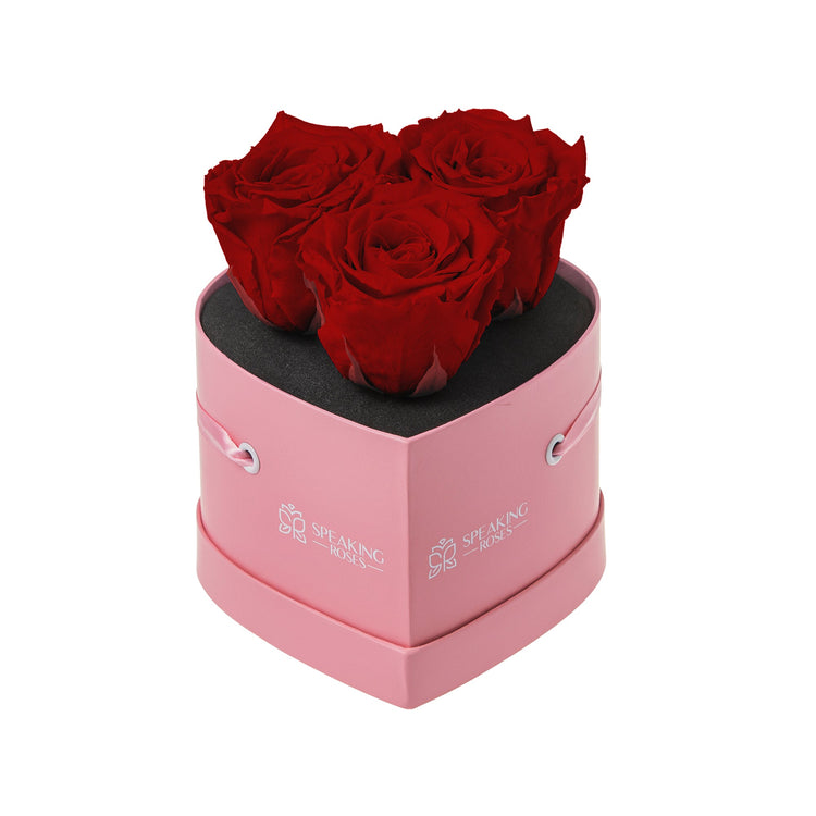Pink heart-shaped box with three red roses on a white background