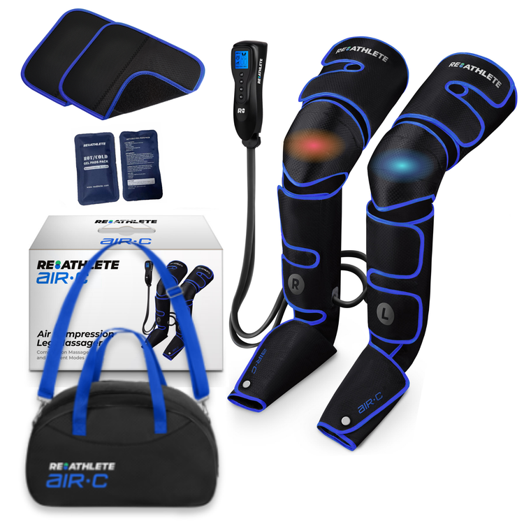 A REATHLETE leg massager set including a remote control, two leg sleeves, an AC adapter, and a carrying bag, with blue accents on the sleeves.