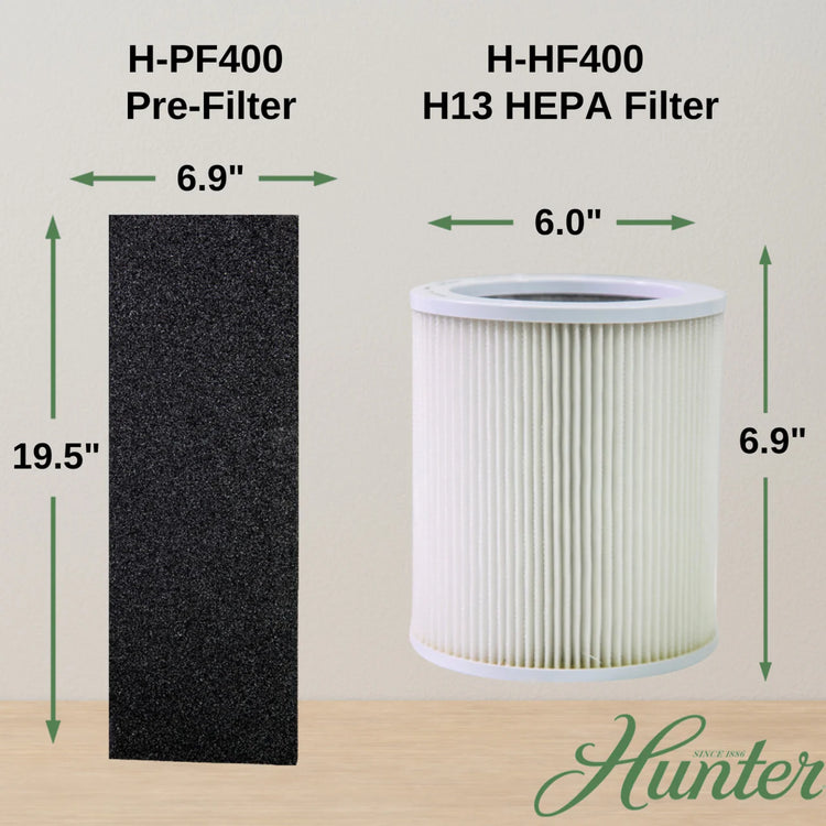 Comparison of H-PF400 pre-filter and H-HF400 H13 HEPA filter with dimensions on a beige background.