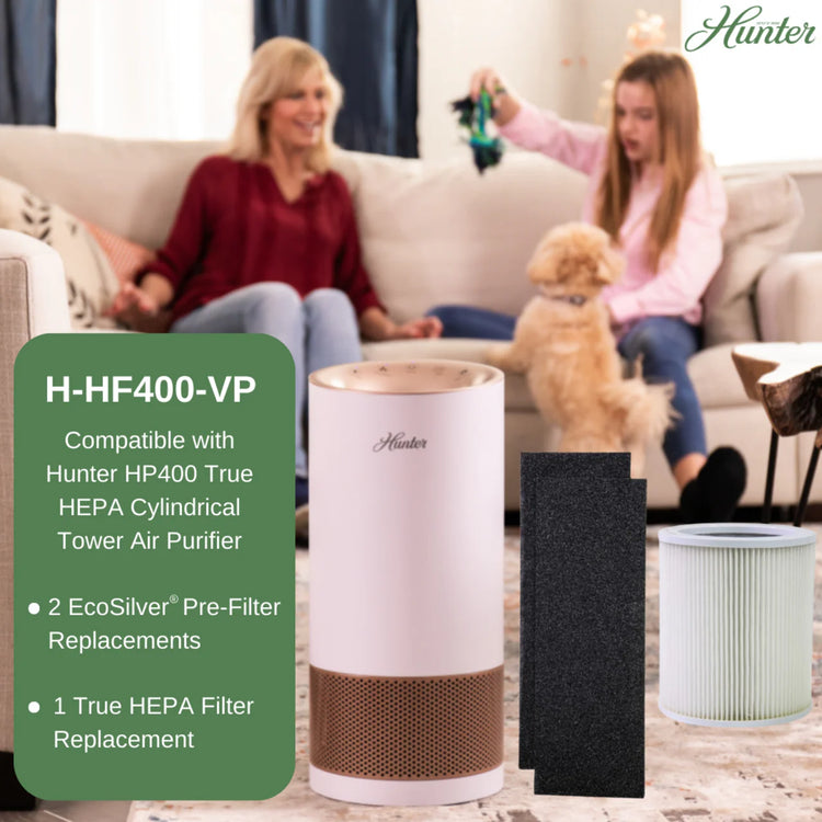 Hunter air purifier with filter replacements in a living room setting