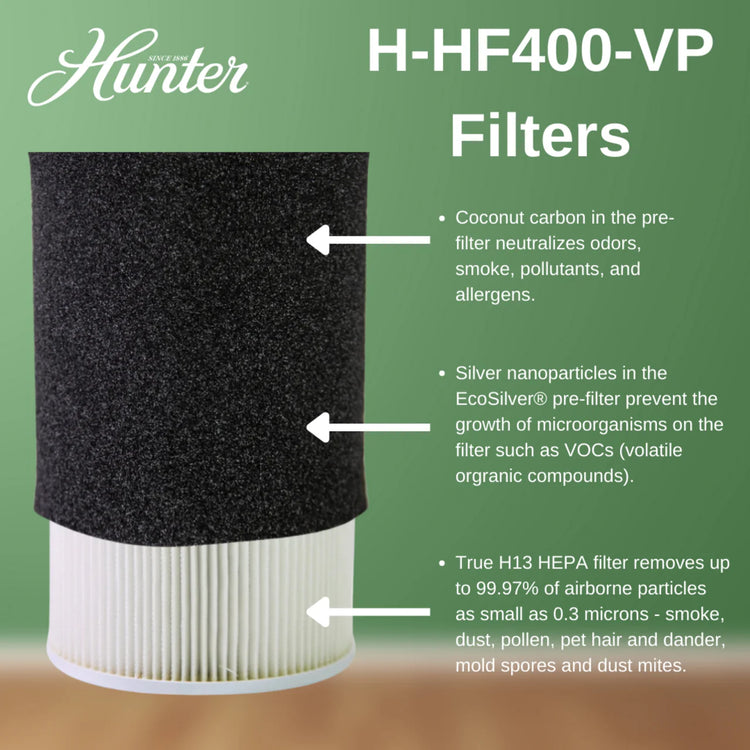 Hunter H-HF400-VP filter with text on a green background