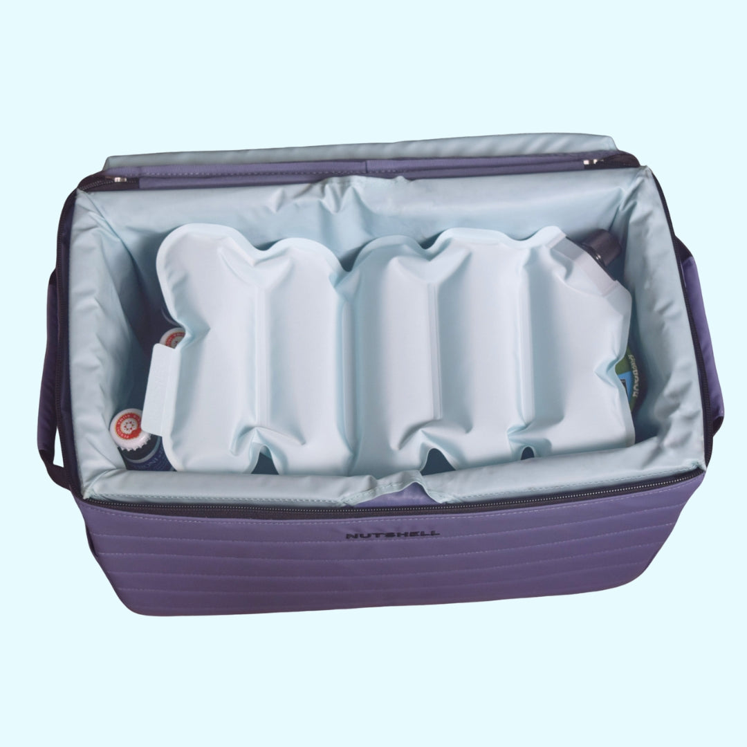 Purple cooler bag with insulated compartments on a light blue background