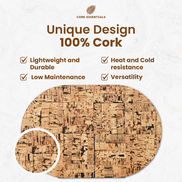 Cork mat with features listed on a white background, branded as Cork Essentials.