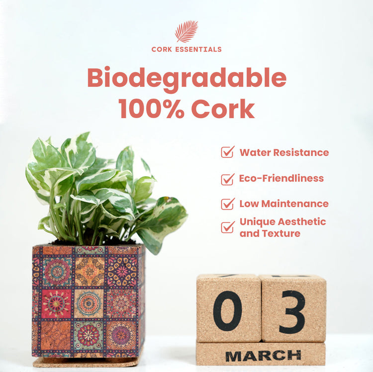 Cork planter with decorative pattern and cork blocks displaying '03 March' on a white background, featuring Cork Essentials branding.