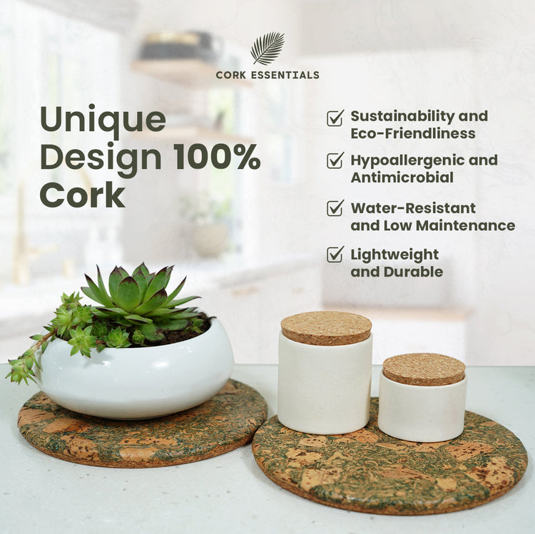 Cork coasters and containers with a plant on a blurred background, featuring Cork Essentials branding.