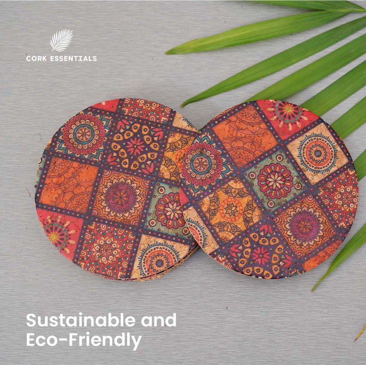 Colorful patterned coasters with cork brand logo and 'Sustainable and Eco-Friendly' text on a gray background.