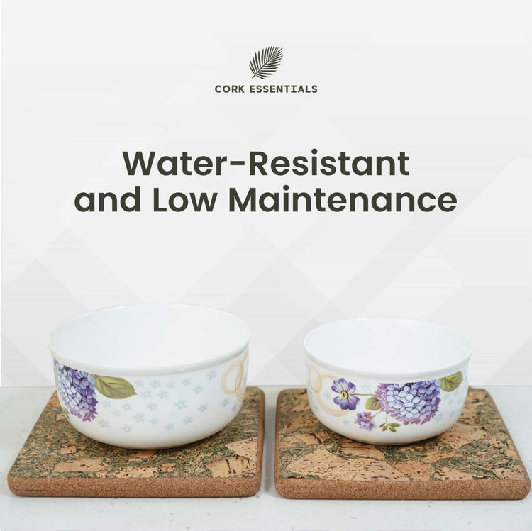 Two floral-patterned bowls on cork coasters with 'Cork Essentials' branding and text about water-resistance and low maintenance.