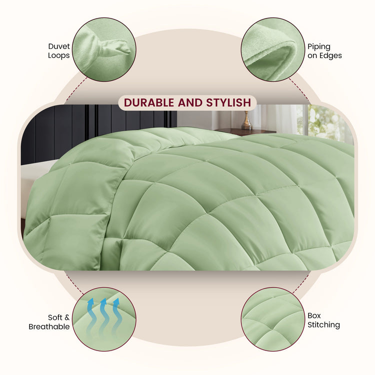 Green duvet with features highlighted on a white background