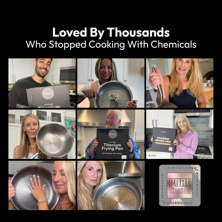 Collage of people holding titanium frying pans with text 'Loved By Thousands Who Stopped Cooking With Chemicals' and 'PURE Titanium' logo.