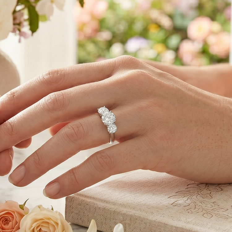 Hand wearing a diamond ring with a floral background