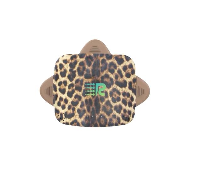 Leopard print product with a logo on a white background