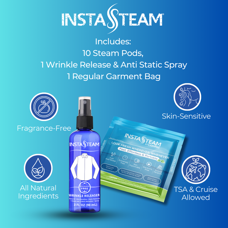 InstaSteam product set with bottle, packets, and text on a blue background