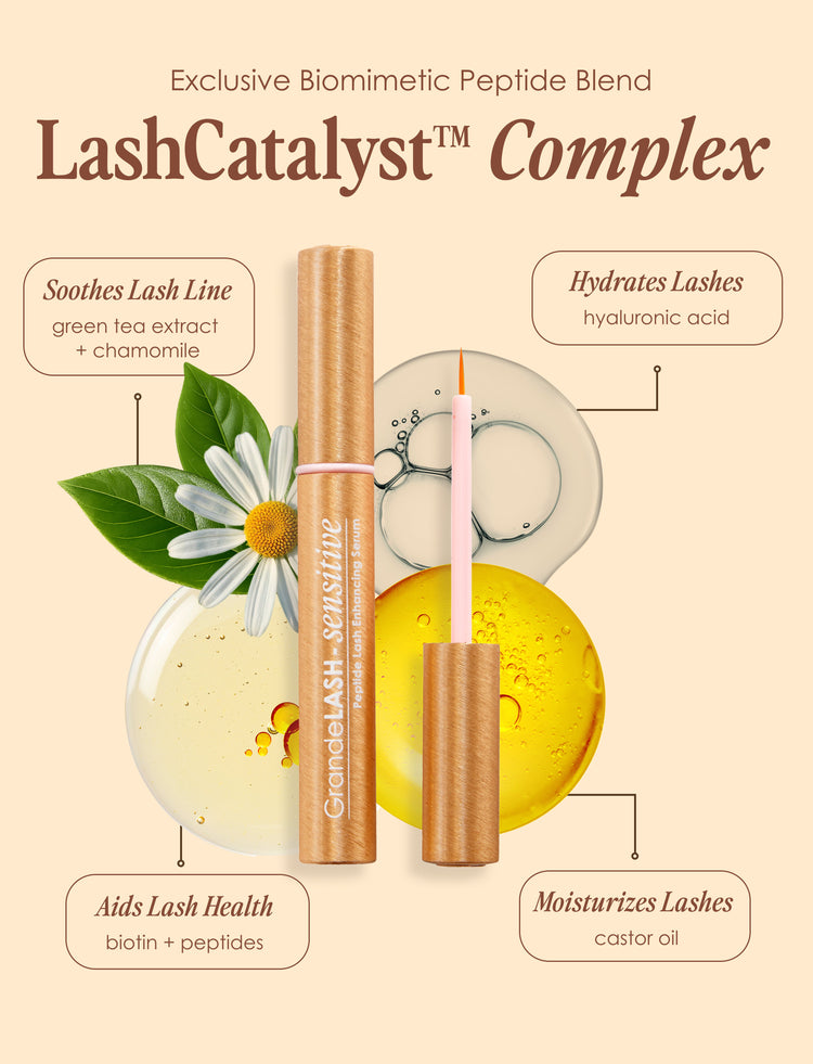 Lash Catalyst Complex with product and benefits on a beige background
