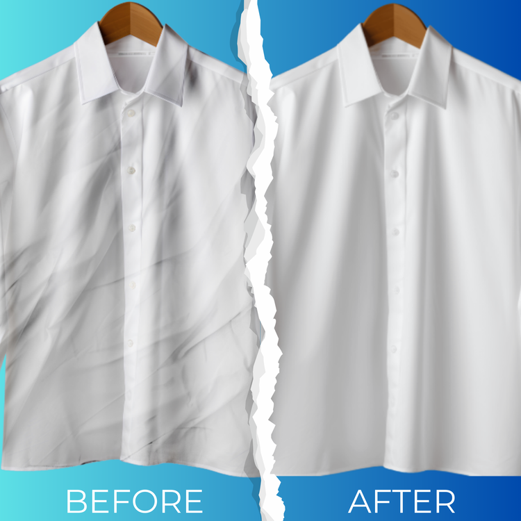 White shirt labeled 'Before' on the left and 'After' on the right against a blue background