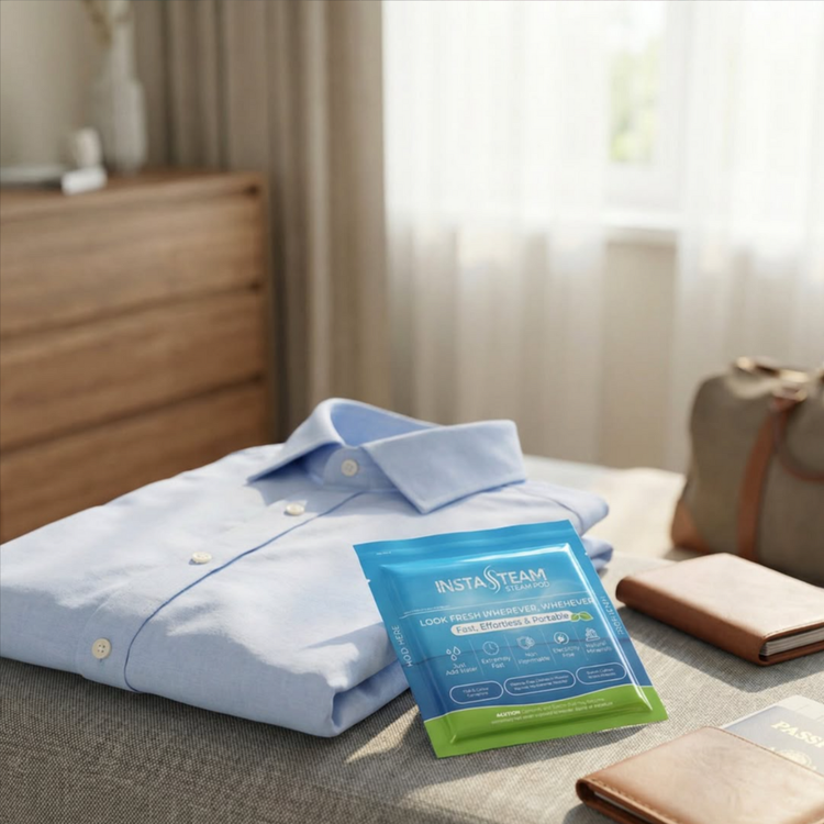 Folded light blue shirt with InstaSteam packet on a bed in a bedroom setting