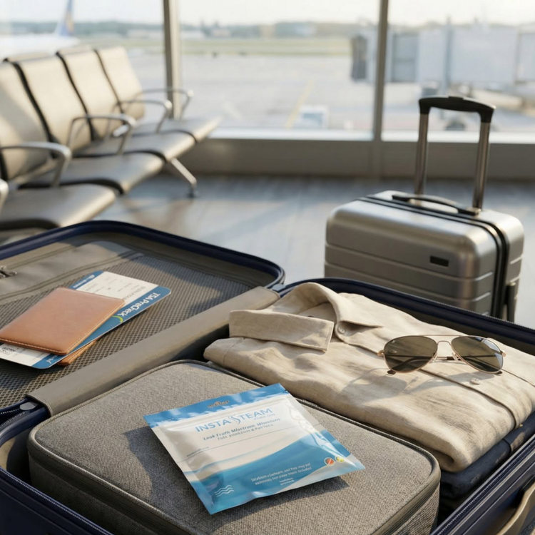 Open suitcase with clothes and a packet of instant noodles at an airport.