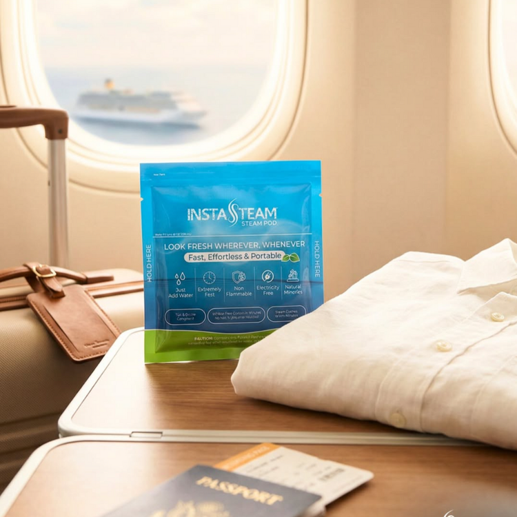 InstaSteam packaging on a airplane tray table with a shirt and passport.