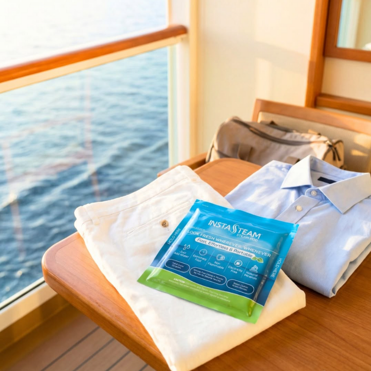 Insta Steam packet on a folded white shirt with a scenic view of water and sky.
